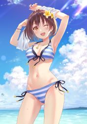 Rule 34 | 1girl, arms up, beach, bikini, blue sky, breasts, brown eyes, brown hair, cloud, commentary request, cowboy shot, day, flower, front-tie top, fukahire (ruinon), gluteal fold, hair flower, hair ornament, horizon, looking at viewer, medium breasts, ocean, one eye closed, open mouth, outdoors, shirt, short hair, side-tie bikini bottom, sky, smile, solo, standing, striped bikini, striped clothes, swimsuit, t-shirt, teeth, undressing, upper teeth only