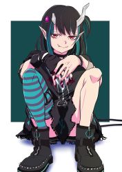 Rule 34 | 1girl, absurdres, black dress, black footwear, black hair, blue background, blue hair, blue thighhighs, boots, closed mouth, commentary request, demon girl, demon horns, dress, eye hair ornament, fang, fang out, full body, grey thighhighs, highres, horns, looking at viewer, medium hair, multicolored hair, nail polish, nanashi inc., official alternate costume, pointy ears, red eyes, red nails, shishio chris, shishio chris (3rd costume), side ponytail, single thighhigh, sitting, smile, solo, sugar lyric, tengu nimuru, thighhighs, two-tone background, two-tone hair, virtual youtuber, white background