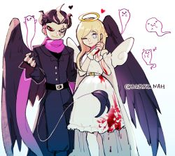 Rule 34 | 1boy, 1girl, angel, barry nah, belt, black belt, black jacket, black pants, blonde hair, blood, blood on clothes, buttons, cham-p, danganronpa (series), danganronpa 2: goodbye despair, demon boy, demon wings, dress, feet out of frame, ghost, halo, hands up, heart, highres, jacket, jum-p, long hair, long sleeves, maga-g, own hands clasped, own hands together, pants, pink neckwear, pink scarf, scarf, sonia nevermind, standing, sun-d, tanaka gundham, white dress, wings