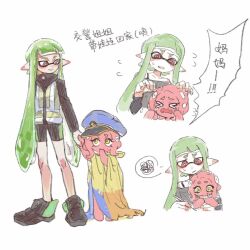 Rule 34 | &gt; &lt;, 2girls, aged down, agent 3 (splatoon), agent 8 (splatoon), bike shorts, bright pupils, child, chinese commentary, chinese text, crying, fang, flying sweatdrops, green hair, high-visibility vest, highres, inkling, inkling girl, inkling player character, long hair, long sleeves, looking at another, multiple girls, nintendo, octoling, octoling girl, octoling player character, pink eyes, simple background, splatoon (series), spoken squiggle, squiggle, standing, suction cups, tears, tentacle hair, thenintlichen96, translation request, very long hair, vest, white background, white pupils, yellow eyes