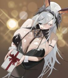 1girl animal_ears armlet azur_lane bare_shoulders black_leotard black_pantyhose box breast_curtain breasts closed_mouth commentary dutch_angle eyepatch fritz_rumey_(azur_lane) fritz_rumey_(schwarzes_kaninchen)_(azur_lane) from_above gift gift_box grey_hair hair_ornament hair_over_one_eye highleg highleg_leotard highres hintobento holding holding_gift huge_breasts jewelry leotard looking_to_the_side pantyhose playboy_bunny see-through_clothes solo standing thigh_strap wrist_cuffs