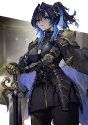 1girl absurdres alternate_costume alternate_hairstyle armor black_armor black_cape blue_eyes blue_hair breasts cape colored_inner_hair crown dark_blue_hair gauntlets gold_crown gold_trim hair_between_eyes hair_intakes high_ponytail highres holding holding_sword holding_weapon hololive hololive_english large_breasts long_hair looking_at_viewer medieval multicolored_hair ouro_kronii planted planted_sword planted_weapon sidelocks sword virtual_youtuber vyragami weapon