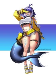 1girl absurdres ahoge alternate_hairstyle black_lips black_sports_bra body_markings boots cetacean_tail cosplay cropped_sweater elegg_(nikke) elegg_(nikke)_(cosplay) exposed_pocket fins fish_tail full_body gloves goddess_of_victory:_nikke grin hair_intakes hair_over_eyes highres indie_virtual_youtuber kimarislibran micro_shorts orca_girl shorts shylily smile solo sports_bra standing suspender_shorts suspenders sweater tail teeth thigh_strap virtual_youtuber w white_boots white_shorts white_sweater yellow_gloves