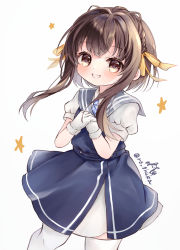 Rule 34 | 1girl, blue dress, blue necktie, blush, brown eyes, brown hair, collared shirt, diagonal-striped clothes, diagonal-striped necktie, dress, gloves, hair between eyes, highres, kantai collection, necktie, nekomoto, open mouth, puffy short sleeves, puffy sleeves, shirt, short hair with long locks, short sleeves, sidelocks, signature, simple background, smile, solo, striped clothes, thighhighs, twitter username, ukuru (kancolle), white background, white gloves, white shirt, white thighhighs