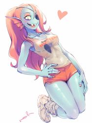 Rule 34 | 1girl, alternate costume, artist name, bare arms, bare shoulders, blue skin, blush, breasts, colored sclera, colored skin, eyepatch, fins, grey background, head fins, heart, highres, hooters, kneeling, long hair, looking at viewer, medium breasts, monster girl, nail polish, noah (tettsui-sole), ponytail, red hair, red shorts, sharp teeth, shiny skin, shirt, short shorts, shorts, smile, solo, teeth, undertale, undyne, yellow sclera
