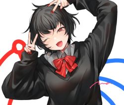 Rule 34 | 1girl, arms up, arrow (symbol), asymmetrical wings, black hair, black shirt, blouse, blush, bow, bowtie, breasts, collar, collared shirt, double v, grey shirt, hands up, houjuu nue, long hair, long sleeves, looking at viewer, makita (vector1525), medium breasts, nail polish, one eye closed, open mouth, puffy long sleeves, puffy sleeves, red bow, red bowtie, red eyes, red nails, shirt, short hair, simple background, smile, solo, standing, touhou, upper body, v, white background, wings