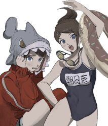 1girl animal_hood arm_up armpits asahina_aoi blue_eyes blush breasts brown_hair danganronpa:_trigger_happy_havoc danganronpa_(series) dark-skinned_female dark_skin diving_mask doughnut_print food_print goggles hair_ornament hairclip hood innertube jacket large_breasts open_mouth ponytail red_jacket sema_(vivaviva_02) shark_hood short_hair swim_ring translation_request