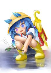 Rule 34 | 1girl, absurdres, aged down, animal ears, backpack, bag, bandaid, blue eyes, blue hair, boots, child, closed umbrella, hat, heterochromia, highres, holding, holding stick, horse girl, long hair, open mouth, pink eyes, puddle, randoseru, ricca miz, rubber boots, school hat, sharp teeth, shirt, signature, simple background, snail, speed lines, squatting, stick, t-shirt, teeth, twin turbo (umamusume), umamusume, umbrella, water, white background, white shirt, yellow footwear, yellow headwear, yellow umbrella