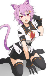 Rule 34 | 1girl, animal ears, black gloves, black sailor collar, black thighhighs, breasts, cat ears, cat tail, fang, gloves, highres, kantai collection, looking at viewer, medium breasts, neckerchief, nel-c, open mouth, paw pose, purple hair, red eyes, sailor collar, short hair, simple background, sitting, solo, tail, tama (kancolle), tama kai ni (kancolle), thighhighs, white background
