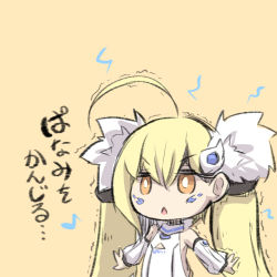 Rule 34 | 1girl, :&lt;, ahoge, azur lane, bad id, bad pixiv id, bare shoulders, blonde hair, chibi, commentary request, detached sleeves, dress, eldridge (azur lane), facial mark, hair between eyes, hair ornament, hairclip, lightning bolt symbol, long hair, long sleeves, looking at viewer, orange background, orange eyes, parted lips, puffy long sleeves, puffy sleeves, sidelocks, simple background, sleeveless, sleeveless dress, solo, translation request, trembling, triangle mouth, twintails, u-non (annon&#039;an), v-shaped eyebrows, very long hair, white dress