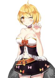 Rule 34 | 1girl, absurdres, ahoge, bare shoulders, belt, black skirt, blonde hair, blush, breasts, choker, cleavage, closed mouth, collarbone, fang, gold trim, highres, hololive, large breasts, lips, midriff, miniskirt, nail polish, one eye closed, paw pose, pink nails, revealing clothes, see-through, short hair, skin fang, skirt, solo, sounuryu ta, transparent background, virtual youtuber, yellow eyes, yozora mel, yozora mel (1st costume)