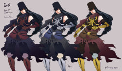 Rule 34 | 1boy, alternate color, armor, armored boots, black bodysuit, black gloves, black hair, black headwear, bodysuit, boots, braid, braided ponytail, cape, closed mouth, commentary request, costume chart, elbow gloves, expressionless, feet out of frame, flowery peko, gauntlets, gloves, gold armor, grey armor, grey background, grey cape, guillotine cross (ragnarok online), hat, long hair, looking at viewer, male focus, ragnarok online, red armor, red cape, shako cap, simple background, sleeveless, sleeveless bodysuit, torn cape, torn clothes, translation request, waist cape