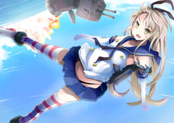 Rule 34 | 10s, 1girl, anchor, anchor hair ornament, blonde hair, elbow gloves, gloves, green eyes, hair ornament, hairband, kantai collection, kokumu, long hair, microskirt, open mouth, personification, rensouhou-chan, shimakaze (kancolle), skirt, solo, striped clothes, striped thighhighs, thighhighs, white gloves