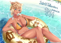 Rule 34 | 1girl, absurdres, animal ears, armpits, beach, beach chair, beach umbrella, bikini, blonde hair, blurry, blurry background, blush, braid, breasts, cat ears, cat girl, cleavage, collarbone, commentary request, commission, cowboy shot, dark-skinned female, dark skin, dated, facial mark, final fantasy, final fantasy xiv, flower, food, hair between eyes, hair flower, hair ornament, highres, holding, holding food, innertube, large breasts, licking, looking at viewer, masaki nanaya, midriff, miqo&#039;te, navel, ocean, open mouth, partially submerged, popsicle, ripples, sand, shadow, short hair, side braid, sidelocks, signature, slit pupils, solo, sparkle, swim ring, swimsuit, tongue, tongue out, umbrella, warrior of light (ff14), wet, whisker markings, yellow bikini