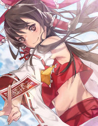 Rule 34 | 1girl, blush, bow, brown eyes, brown hair, closed mouth, crop top, detached sleeves, floating hair, frilled bow, frilled hair tubes, frills, groin, hair between eyes, hair bow, hair tubes, hakurei reimu, holding, long hair, long sleeves, looking at viewer, midriff, navel, red bow, red ribbon, red shirt, red skirt, ribbon, ribbon-trimmed sleeves, ribbon trim, shigure (shigure 43), shirt, skirt, sleeveless, sleeveless shirt, smile, solo, stomach, touhou, very long hair, white sleeves, wide sleeves