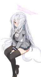 Rule 34 | 1girl, absurdres, between legs, black thighhighs, blue archive, blush, embarrassed, full body, grey hair, grey serafuku, hair between eyes, halo, hand between legs, head wings, highres, invisible chair, long hair, long sleeves, looking at viewer, microskirt, one eye covered, patanda, pleated skirt, red eyes, school uniform, serafuku, simple background, sitting, skirt, solo, suzumi (blue archive), sweatdrop, thighhighs, very long hair, white background, wings, zettai ryouiki