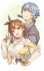 1boy 1girl atelier_(series) atelier_ryza atelier_ryza_2 bare_shoulders beret blue_hair bos_brunnen breasts brown_eyes brown_hair cleavage collared_shirt earrings gloves hand_up hat highres jacket jewelry le21day looking_at_viewer mole mole_under_eye open_hand open_mouth reisalin_stout shirt short_hair sleeveless sleeveless_jacket smile upper_body white_background white_shirt yellow_jacket