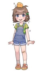 Rule 34 | 1girl, absurdres, ahoge, animal, animal on head, bandage on knee, blue eyes, blue overalls, blush, bracelet, brown hair, child, frog, full body, green shirt, hair ornament, highres, indie virtual youtuber, jewelry, lily hopkins, looking at viewer, nose blush, on head, open mouth, opossumachine, overall shorts, overalls, red footwear, shirt, shoes, short sleeves, simple background, smile, socks, solo, sparkle, striped clothes, striped shirt, teeth, upper teeth only, virtual youtuber, white background