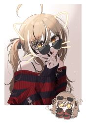 Rule 34 | + +, 1girl, :d, absurdres, ahoge, bare shoulders, black-framed eyewear, black nails, black sweater, brown hair, chibi, chibi inset, collarbone, covering own mouth, crooked eyewear, drawn ears, drawn whiskers, eyewear on head, highres, hololive, hololive english, long hair, looking at viewer, multicolored hair, multiple views, nail polish, nanashi mumei, off-shoulder sweater, off shoulder, open mouth, polaroid, red sweater, ribbed sweater, sidelocks, smile, streaked hair, striped clothes, striped sweater, sunglasses, sweater, twintails, two-tone sweater, upper body, virtual youtuber, white hair, xx tk9, yellow eyes