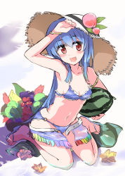 Rule 34 | 1girl, :d, alternate costume, arm up, armpits, bikini, blue bikini, blue hair, blush, bracelet, breasts, cleavage, food, frilled bikini, frills, fringe trim, fruit, hat, hinanawi tenshi, jewelry, long hair, looking at viewer, navel, o-ring, o-ring bottom, open mouth, partially submerged, peach, puuakachan, red eyes, revision, sandals, sitting, sketch, small breasts, smile, solo, straw hat, swimsuit, touhou, wariza, watermelon
