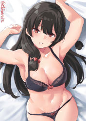 Rule 34 | 1girl, armpits, black bra, black hair, black panties, blunt bangs, blush, bra, breasts, cleavage, ebifurya, from above, hair ribbon, highres, isokaze (kancolle), kantai collection, long hair, looking at viewer, lying, medium breasts, navel, on back, panties, parted lips, red eyes, ribbon, solo, stomach, thighs, tress ribbon, underwear, underwear only