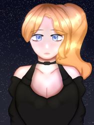 Rule 34 | 1girl, bad id, bad pixiv id, blonde hair, blue eyes, breasts, choker, eyebrows, eyeshadow, female focus, highres, kazumiart (kazuartmi), large breasts, looking at viewer, makeup, my story animated, night, night sky, official alternate costume, ponytail, sasha (my story animated), sky, solo, star (sky), star (symbol), starry background, starry sky, upper body