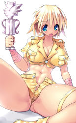 Rule 34 | 1girl, bandaged arm, bandages, blonde hair, blue eyes, breasts, cleavage, crop top, earrings, jewelry, large breasts, md5 mismatch, midriff, moto roader, navel, open fly, open mouth, pc engine, resolution mismatch, scatter milk, shiny skin, short hair, short shorts, shorts, solo, source larger, trophy, unbuttoned