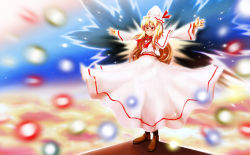 Rule 34 | 1girl, beam, blonde hair, blush, boots, bow, bowtie, brown footwear, danmaku, energy, female focus, full body, gloves, glowing, hat, knee boots, lily white, long sleeves, magic, orb, outstretched arms, red bow, red bowtie, red eyes, sato, sato (hekiga ni nemuru), short hair, solo, standing, tate eboshi, touhou, white gloves
