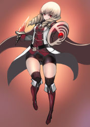 Rule 34 | 1girl, absurdres, bike shorts, black thighhighs, blonde hair, boots, breasts, cameltoe, cape, cleft of venus, closed mouth, drill hair, erika wagner, fingerless gloves, full body, gloves, gluteal fold, highres, holding, holding sword, holding weapon, johan (johan13), knee boots, long hair, long sleeves, over-kneehighs, red eyes, red footwear, shield, sleeve cuffs, small breasts, solo, sword, thighhighs, thighs, under night in-birth, weapon