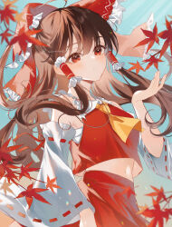 Rule 34 | 1girl, absurdres, ascot, autumn, autumn leaves, bare shoulders, blush, bow, brown hair, detached sleeves, hair bow, hair tubes, hakurei reimu, highres, leaf, long hair, maple leaf, open mouth, red bow, red eyes, red skirt, ribbon-trimmed sleeves, ribbon trim, sidelocks, skirt, solo, touhou, twitter username, uzmee, white sleeves, wide sleeves, yellow ascot