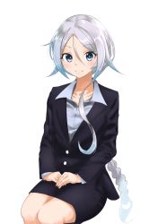 Rule 34 | 10s, 1girl, abogado, alternate costume, bad id, bad pixiv id, bare legs, blue eyes, braid, formal, hair tie, highres, jacket, kantai collection, long hair, office lady, pencil skirt, shirt, silver hair, single braid, skirt, skirt suit, smile, solo, suit, umikaze (kancolle), very long hair