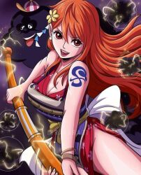 Rule 34 | 1girl, arm tattoo, artist request, hair ornament, holding, holding weapon, japanese clothes, kimono, long hair, looking to the side, nami (one piece), nami (one piece) (wano), one piece, orange eyes, orange hair, pink ribbon, polearm, ribbon, shiny skin, sleeveless, sleeveless kimono, solo, source request, tattoo, very long hair, weapon, wide hips, zeus (one piece)
