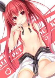 Rule 34 | 10s, 1girl, blush, breasts, collarbone, convenient censoring, date a live, dutch angle, finger to mouth, hair censor, hair over breasts, heart, itsuka kotori, kaguyuu, long hair, looking at viewer, navel, red eyes, red hair, ribbon, simple background, small breasts, smile, solo, stomach, topless, twintails, very long hair, white background