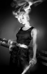 Rule 34 | 1girl, bare arms, bare shoulders, belt, chainsaw man, cigarette, eyepatch, feet out of frame, gradient background, greyscale, hair over one eye, half-closed eyes, high-waist pants, highres, holding, holding weapon, katana, low ponytail, monochrome, multiple swords, one eye covered, pants, parted lips, ponytail, quanxi (chainsaw man), scabbard, seki (fyfyfy), sheath, sheathed, shirt tucked in, simple background, smoke, smoking, solo, standing, sword, tank top, weapon