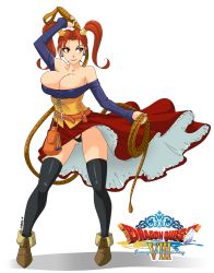 Rule 34 | 1girl, bare shoulders, boots, breasts, brown hair, bursting breasts, cleavage, devil-v, dragon quest, dragon quest viii, female focus, full body, g-string, highres, jessica albert, large breasts, long hair, long skirt, off shoulder, panties, pantyshot, red eyes, red hair, short twintails, simple background, skirt, smile, solo, square enix, standing, thong, twintails, underwear, whip
