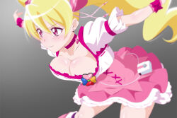 Rule 34 | 1girl, breasts, choker, cleavage, cure peach, earrings, fresh precure!, fuchi (nightmare), gradient background, grey background, hair ornament, heart, heart earrings, heart hair ornament, jewelry, large breasts, long hair, magical girl, momozono love, pink choker, pink eyes, pink skirt, precure, puffy short sleeves, puffy sleeves, shirt, short sleeves, skirt, smile, solo, twintails, white shirt, wrist cuffs