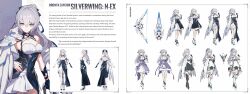 Rule 34 | a-pose, absurdres, bad source, black gloves, bow (weapon), breasts, bronya zaychik, bronya zaychik (silverwing: n-ex), character name, closed mouth, concept art, crossed bangs, dress, drill hair, full body, gloves, grey eyes, grey hair, hair between eyes, hand on own hip, highres, honkai (series), honkai impact 3rd, large breasts, looking at viewer, mature female, official art, purple dress, single glove, translated, upper body, weapon, white dress, white footwear