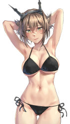 Rule 34 | 1girl, armpits, arms behind head, bikini, black bikini, blush, breasts, brown hair, cleavage, closed mouth, collarbone, commission, green eyes, headgear, highres, kantai collection, kokuzou, large breasts, looking at viewer, mutsu (kancolle), navel, short hair, side-tie bikini bottom, simple background, skeb commission, smile, solo, swimsuit, upper body, white background