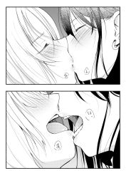 Rule 34 | 2girls, blush, close-up, commentary request, closed eyes, greyscale, heavy breathing, highres, kiss, monochrome, multiple girls, open mouth, original, teeth, tongue, upper teeth only, yui 7, yuri