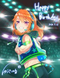 Rule 34 | 1girl, arena, blush, commentary request, cropped jacket, dated, grin, happy birthday, headset, highres, hood, hood down, hooded jacket, idolmaster, idolmaster cinderella girls, idolmaster cinderella girls starlight stage, jacket, koichi makoto, long hair, looking at viewer, orange hair, outstretched arm, pink eyes, reaching, reaching towards viewer, sleeveless, sleeveless jacket, smile, solo, stage lights, sweat, teeth, yuuki haru