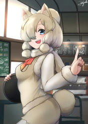 Rule 34 | 1girl, alpaca ears, alpaca girl, alpaca suri (kemono friends), alpaca tail, animal ear fluff, animal ears, blonde hair, blue eyes, breast pocket, chalkboard, commentary request, cowboy shot, from side, fur-trimmed sleeves, fur scarf, fur trim, gradient hair, grey hair, hair bun, hair over one eye, hand up, highres, holding, holding tray, horizontal pupils, index finger raised, indoors, john (a2556349), kemono friends, long bangs, long sleeves, looking at viewer, medium hair, multicolored hair, open mouth, pocket, scarf, shorts, single hair bun, smile, solo, sweater vest, tail, tray, two-tone hair, waitress