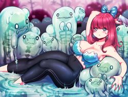 Rule 34 | 1girl, aqua bow, bare arms, black legwear, blunt bangs, bone, bow, breasts, cleavage, earrings, eyes visible through hair, hair bow, highres, holding, holding phone, jewelry, kenron toqueen, large breasts, long hair, looking at viewer, original, phone, red hair, ribs, see-through body, slime (creature), slime (substance), solo