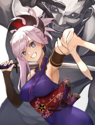 Rule 34 | 1boy, 1girl, absurdres, blue eyes, blue kimono, blush, breasts, detached sleeves, fate/grand order, fate (series), genshu doki, grin, hair ornament, highres, japanese clothes, katana, kimono, large breasts, long hair, looking at viewer, miyamoto musashi (fate), obi, open mouth, outstretched arm, pink hair, ponytail, sash, short kimono, sleeveless, sleeveless kimono, smile, swept bangs, sword, v, weapon