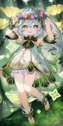 1girl :d armpits arms_up barefoot bracelet commentary day dress flower full_body genshin_impact gradient_hair green_dress green_eyes green_hair grey_hair hair_between_eyes head_wreath highres jewelry knees_together_feet_apart long_hair looking_at_viewer multicolored_hair nahida_(genshin_impact) oli_o_o open_mouth outdoors pointy_ears ponytail side_ponytail sidelocks smile solo symbol-shaped_pupils thighs toes very_long_hair white_hair yellow_flower