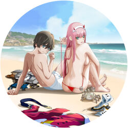 Rule 34 | 1boy, 1girl, albyee, alternate costume, aqua eyes, arm support, ass, back, barefoot, beach, bikini, bikini bottom only, blue eyes, blue necktie, blue sky, blunt bangs, breasts, brown hair, butt crack, clenched hand, cloud, cloudy sky, commentary, couple, crab, darling in the franxx, day, dimples of venus, english commentary, feet, from behind, full body, hairband, hand up, highres, hiro (darling in the franxx), horns, knees up, leaning back, legs, long hair, looking at another, looking at viewer, looking back, male swimwear, medium breasts, necktie, unworn necktie, ocean, oni horns, open mouth, outdoors, pink hair, red bikini, red shirt, shadow, shirt, shoes, unworn shoes, short hair, shorts, sideboob, signature, sitting, sky, swim trunks, swimsuit, toenails, toes, topless, white male swimwear, white shorts, white swim trunks, zero two (darling in the franxx)