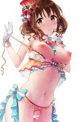 Rule 34 | 1girl, bad id, bad pixiv id, bar censor, between breasts, blue dress, blush, bow, breasts, breasts out, brown eyes, brown hair, censored, cowboy shot, crotchless, crotchless panties, detached collar, dress, gloves, hair bow, hat, head tilt, heart, idolmaster, idolmaster cinderella girls, large breasts, layered clothes, light frown, light particles, long hair, long sleeves, looking at viewer, mini hat, mini top hat, navel, nipples, orange hat, orange panties, panties, pink bow, playing with own hair, pulling own clothes, pussy, roudo (idolnoatm), simple background, sleeveless, solo, standing, stomach, strap pull, tareme, top hat, totoki airi, twintails, underwear, white background, white gloves, wing collar