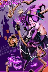 Rule 34 | 1girl, broom, dress, hair over one eye, halloween, hat, highres, skullgirls, squigly (skullgirls), striped clothes, striped thighhighs, thighhighs, witch hat, zombie