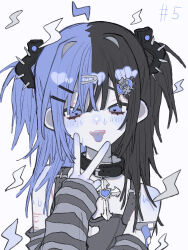 Rule 34 | 1girl, am314, arm warmers, arrow cross, bandaid, bandaid on arm, bandaid on shoulder, belt buckle, black hair, blue eyes, blue hair, blue skin, blue tongue, blush, buckle, choker, cleavage cutout, clothing cutout, collar, colored skin, colored tongue, cross, cross choker, cuts, flat chest, grey skin, hair ornament, hairclip, half-closed eyes, heart, heart-shaped pupils, heart hair ornament, highres, injury, long hair, mole, mole under eye, multicolored hair, open mouth, original, self-harm, smile, solo, spikes, split-color hair, striped arm warmers, sweat, symbol-shaped pupils, tank top, tongue, tongue out, two side up, v, v over mouth