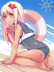 Rule 34 | 10s, 1girl, all fours, bad id, bad pixiv id, bare legs, bare shoulders, barefoot, beach, blonde hair, blue eyes, crop top, feet, flower, full body, hair flower, hair ornament, highres, kantai collection, lifebuoy, long hair, looking at viewer, nouraku, one-piece swimsuit, ro-500 (kancolle), sailor collar, school swimsuit, solo, swim ring, swimsuit, swimsuit under clothes, tan