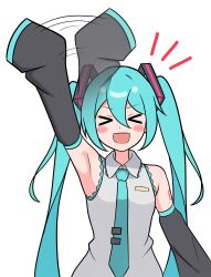 Rule 34 | &gt; &lt;, 1girl, :d, afterimage, aqua hair, arm up, armpits, bare shoulders, black sleeves, blush, blush stickers, closed eyes, collared shirt, commentary request, detached sleeves, facing viewer, hair between eyes, hatsune miku, highres, kumada gaon, long hair, looking at viewer, motion lines, necktie, notice lines, open mouth, shirt, simple background, sleeves past fingers, sleeves past wrists, smile, solo, twintails, upper body, very long hair, vocaloid, waving, white background, white shirt